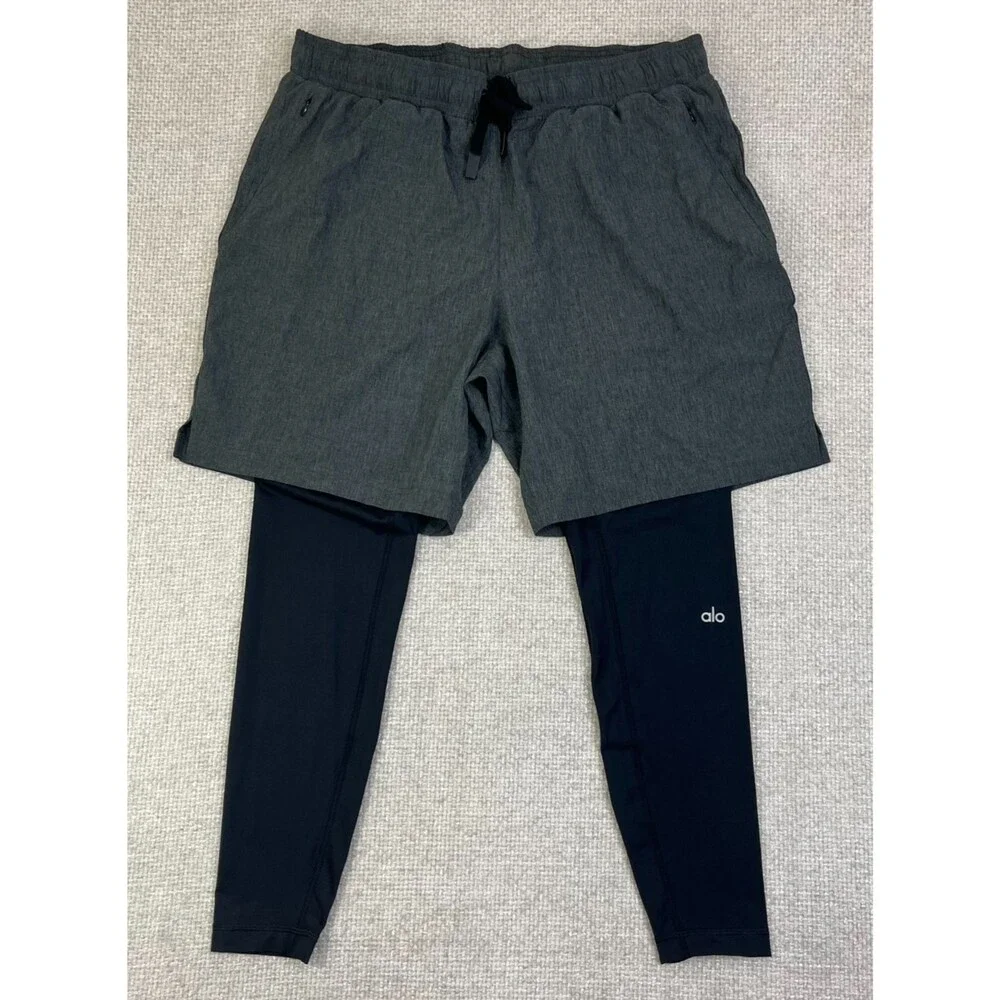 ALO Yoga Stability 2-in-1 Tights Shorts Men's XL Gray Black Zip Pocket Made USA